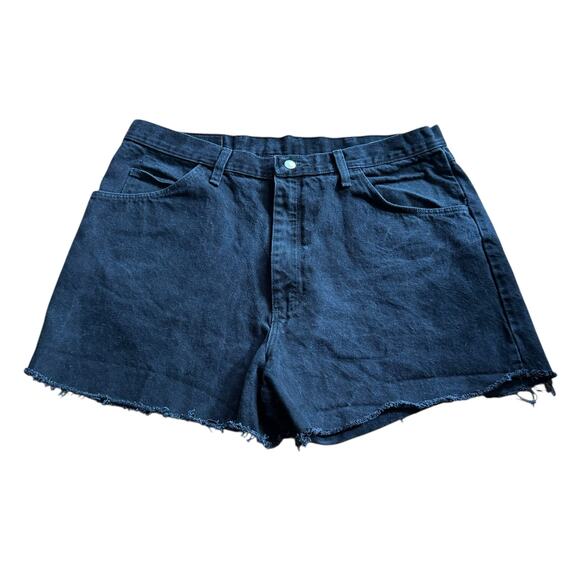 Wrangler Cut Reworked DIY Off Black Denim Jean Shorts Raw Hem Size 38 Festival - Picture 1 of 12